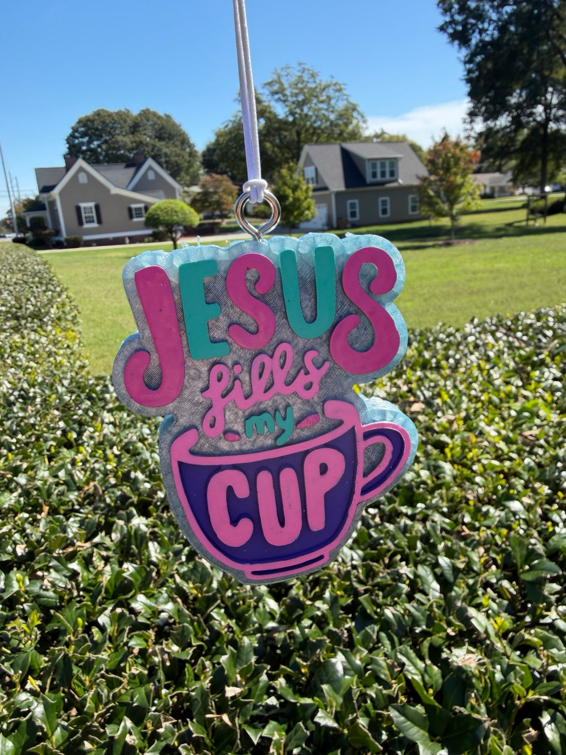 Jesus Fills My Cup handmade car freshie pink turquoise purple