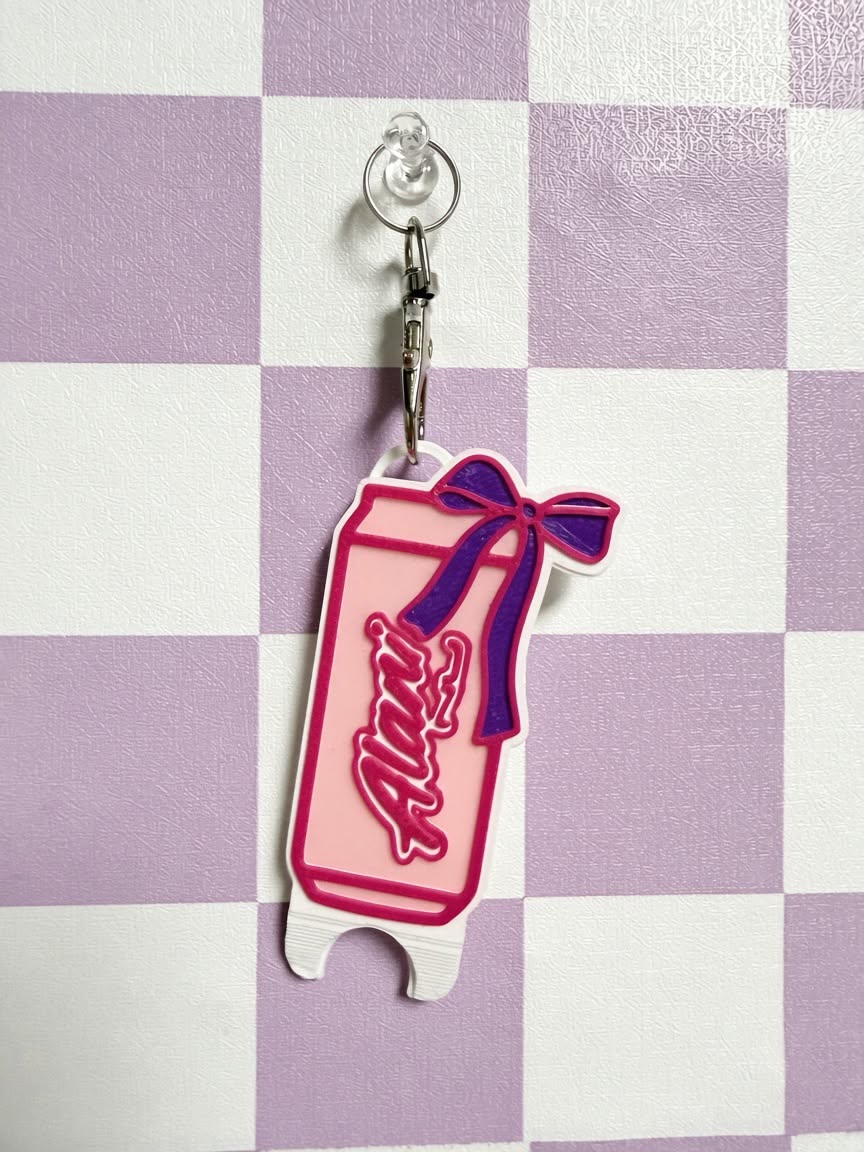 Pink bow soda can nail saver with keychain clip