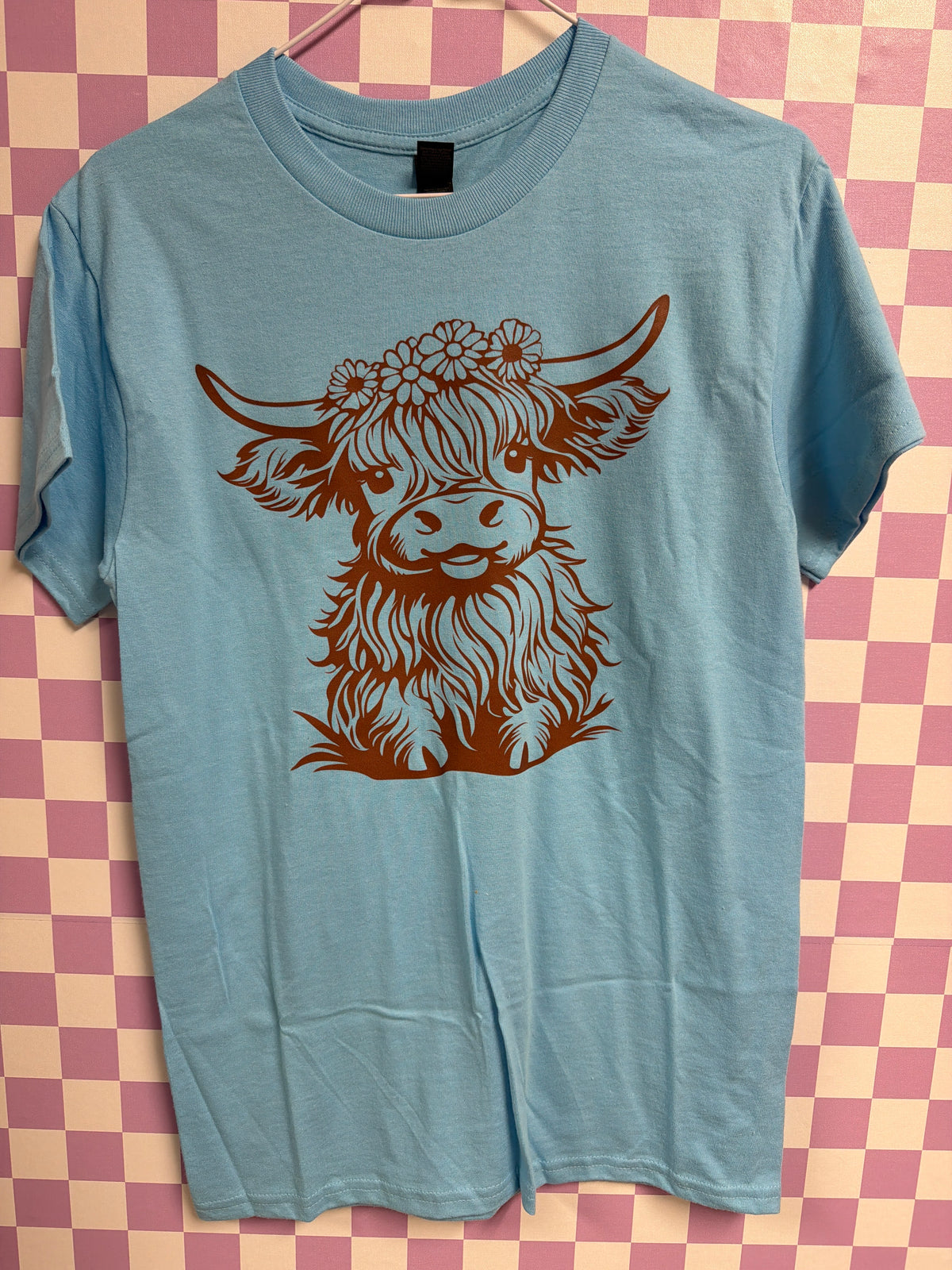 Highland Cow - Light Blue - Small graphic T-shirt by Radiant & Flare Apparel