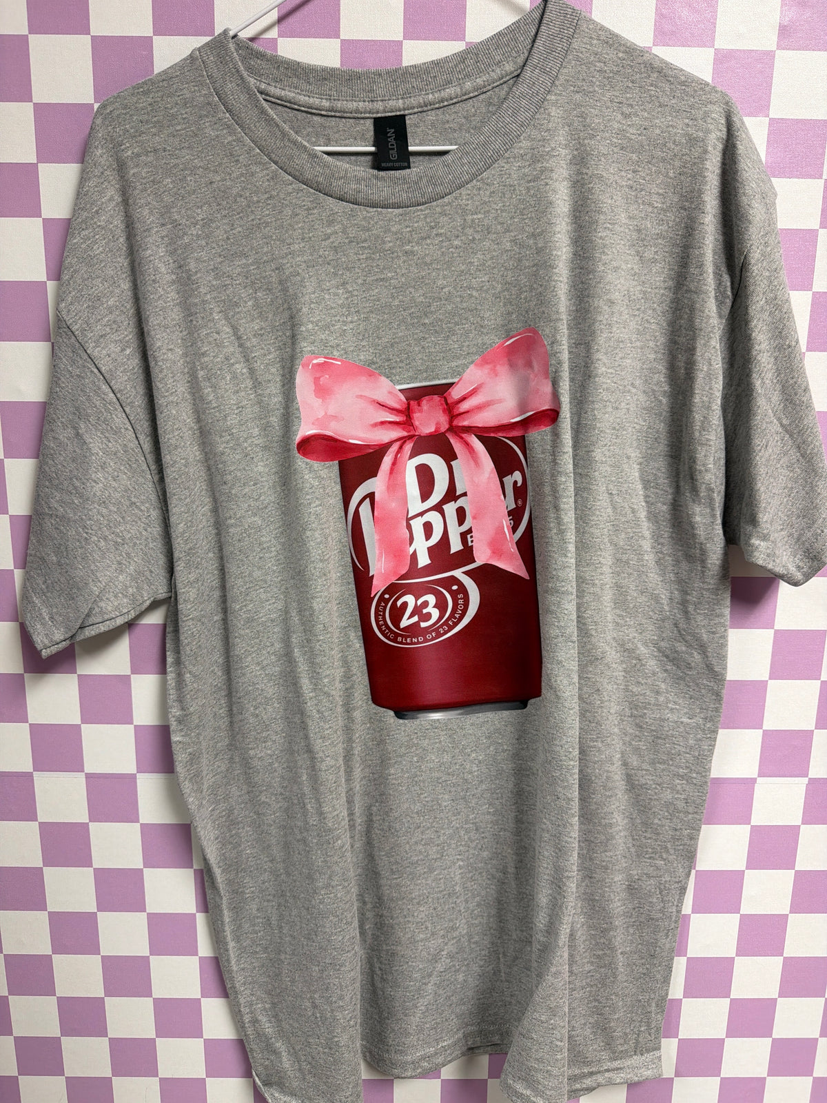 Dr Pepper with Bow - Light Gray - Large graphic T-shirt by Radiant & Flare Apparel