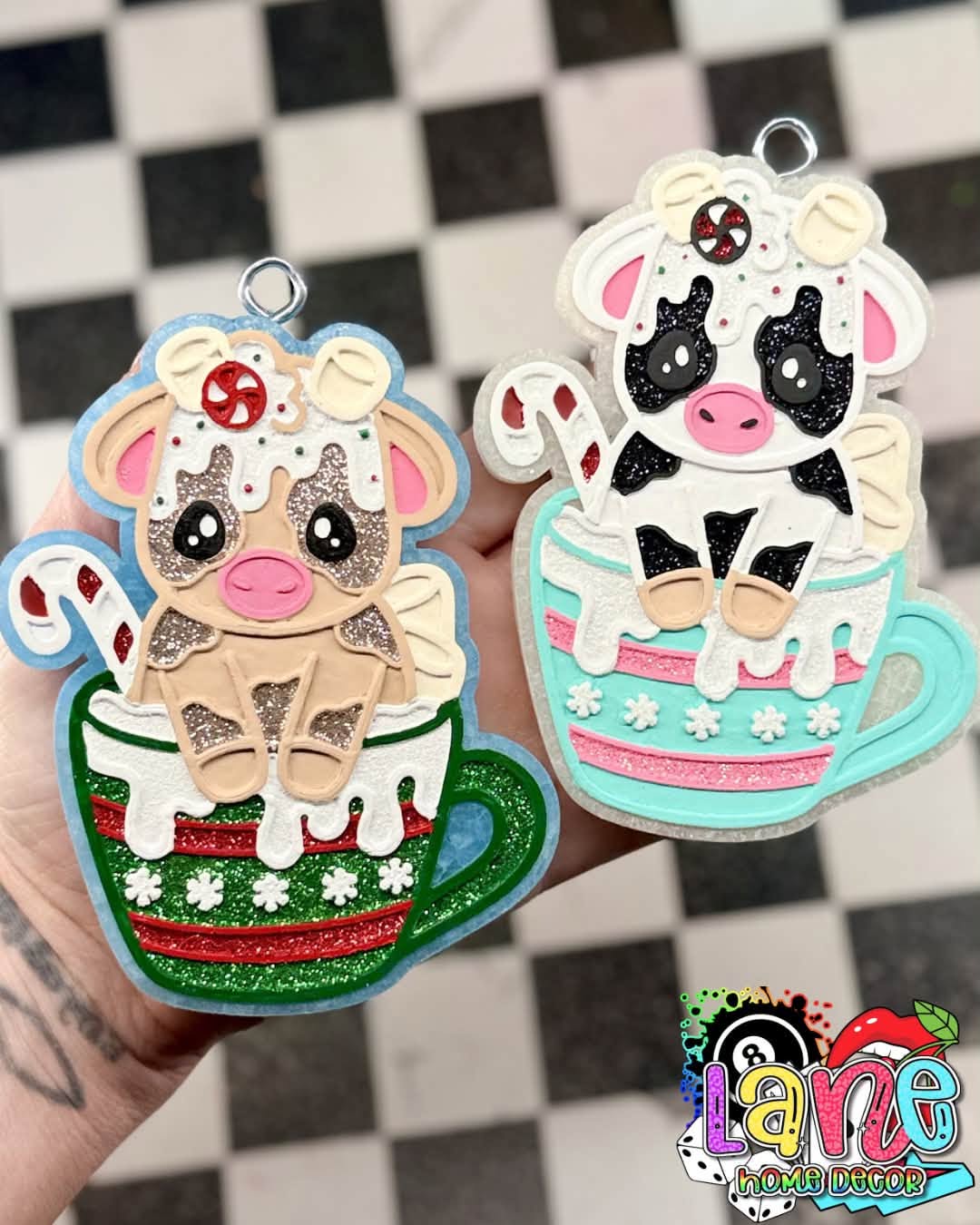 Decorated freshie examples in different colors using the Hot Cocoa Cow design.
