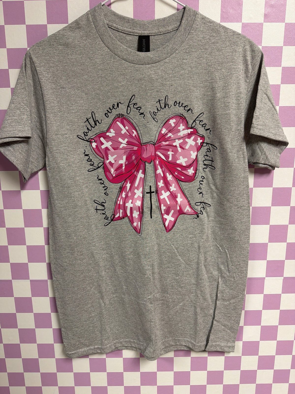 Pink Cross Bow - Light Gray - Small graphic T-shirt by Radiant & Flare Apparel