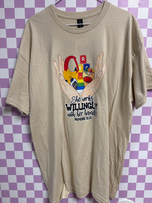 She Works Willingly with Her Hands - Tan - XL graphic T-shirt by Radiant & Flare Apparel