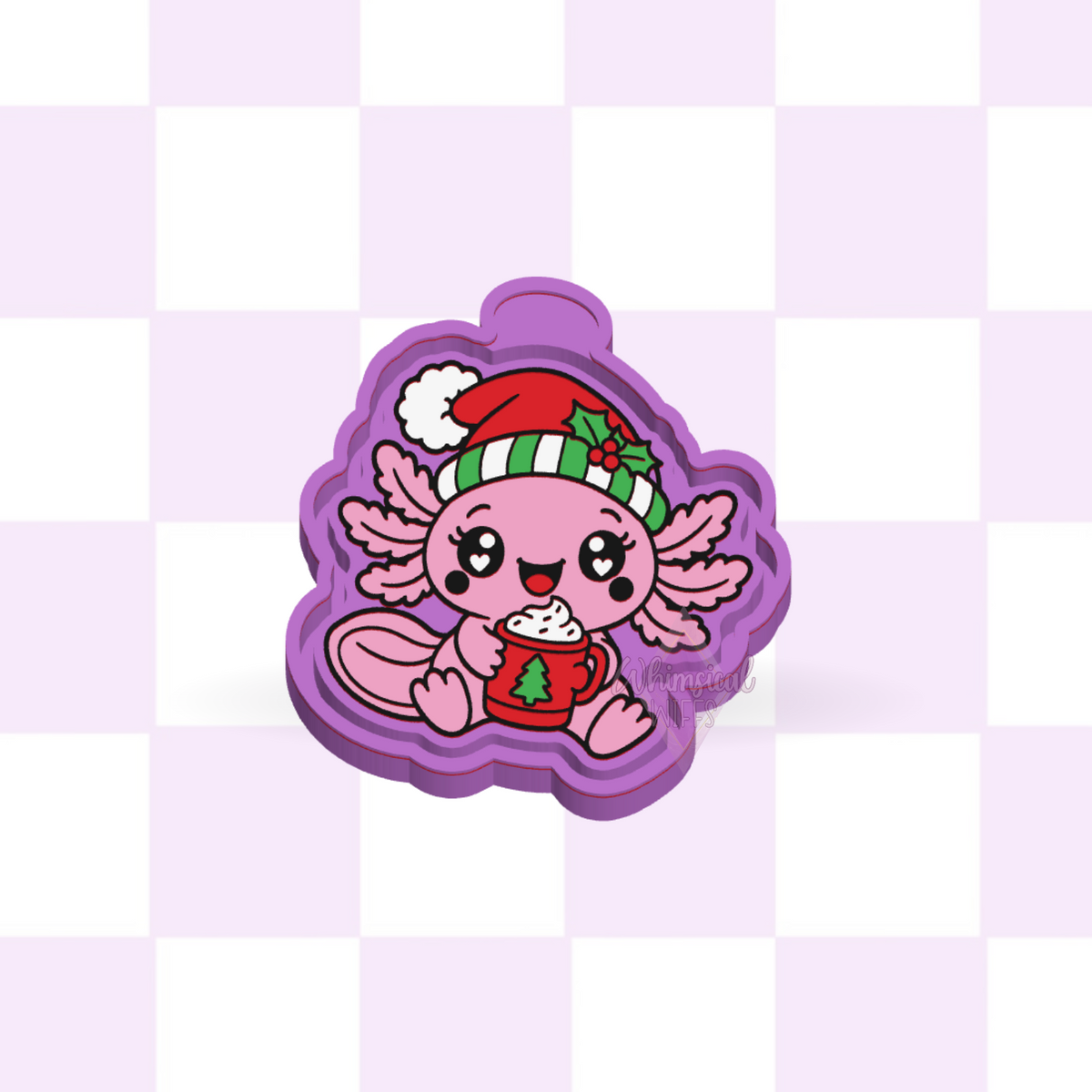 Design preview of Cozy Axolotl with Christmas Mug silicone freshie mold