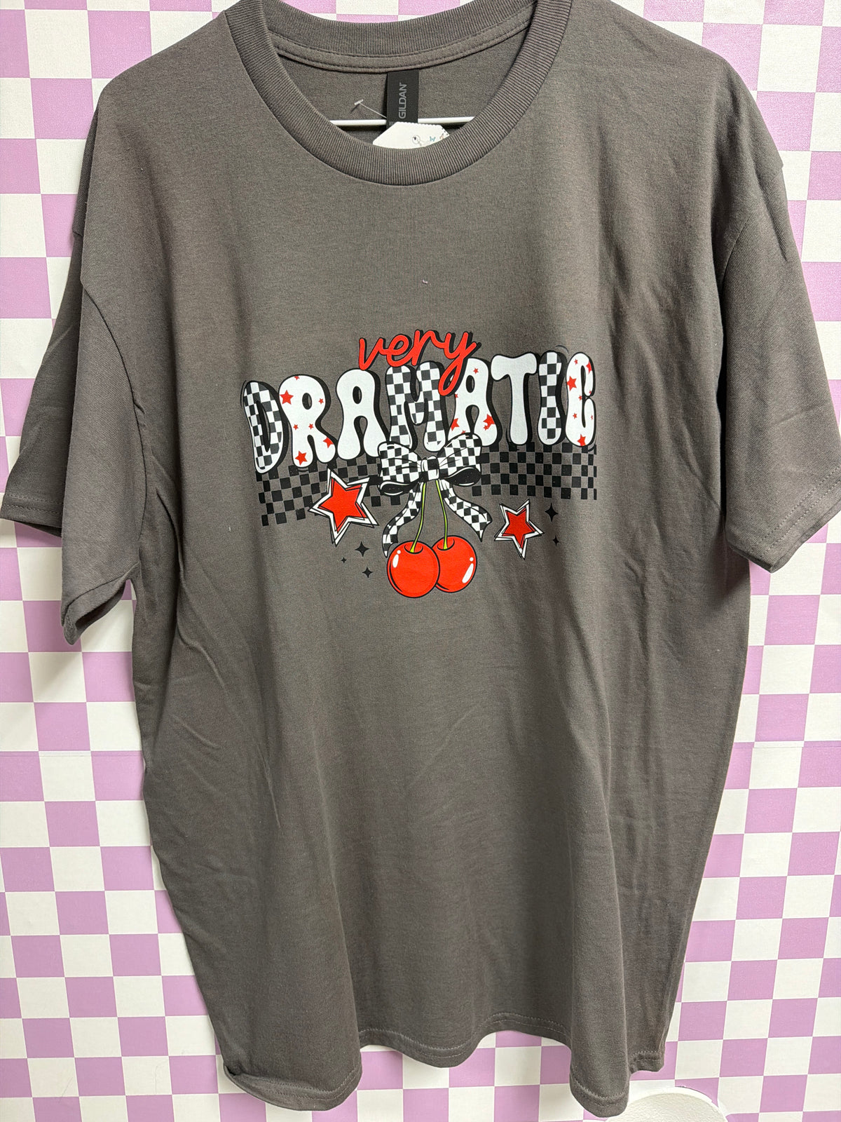 Very Dramatic with Cherry - Dark Gray - Large graphic T-shirt by Radiant & Flare Apparel