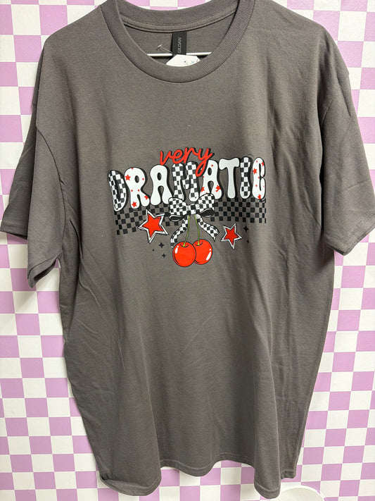 Very Dramatic with Cherry - Dark Gray - Large graphic T-shirt by Radiant & Flare Apparel