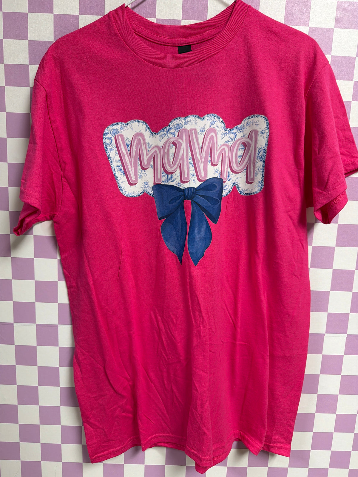 Mama with Blue Floral Bow - Hot Pink - Medium graphic T-shirt by Radiant & Flare Apparel