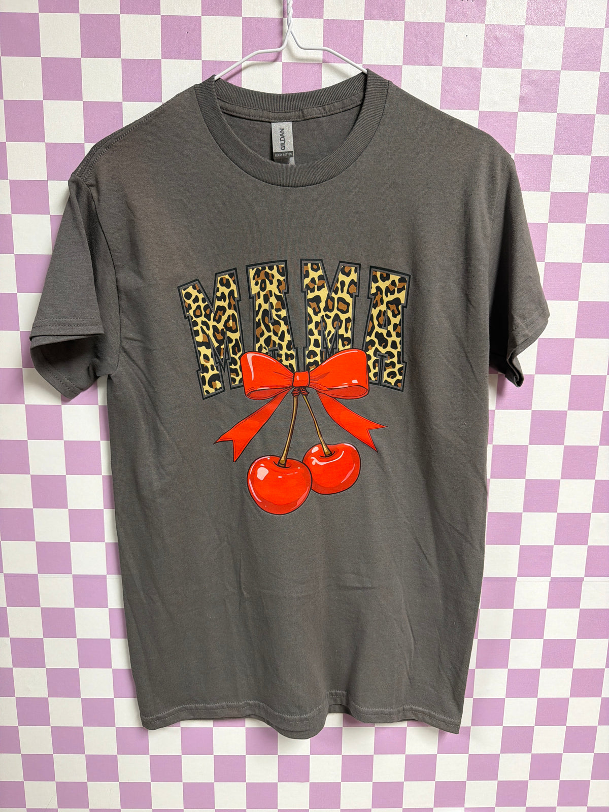 Mama Cheetah with Cherry Bow - Dark Gray - Small graphic T-shirt by Radiant & Flare Apparel — product image 1 of 2