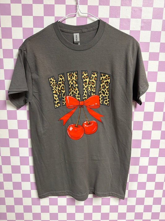 Mama Cheetah with Cherry Bow - Dark Gray - Small graphic T-shirt by Radiant & Flare Apparel — product image 1 of 2