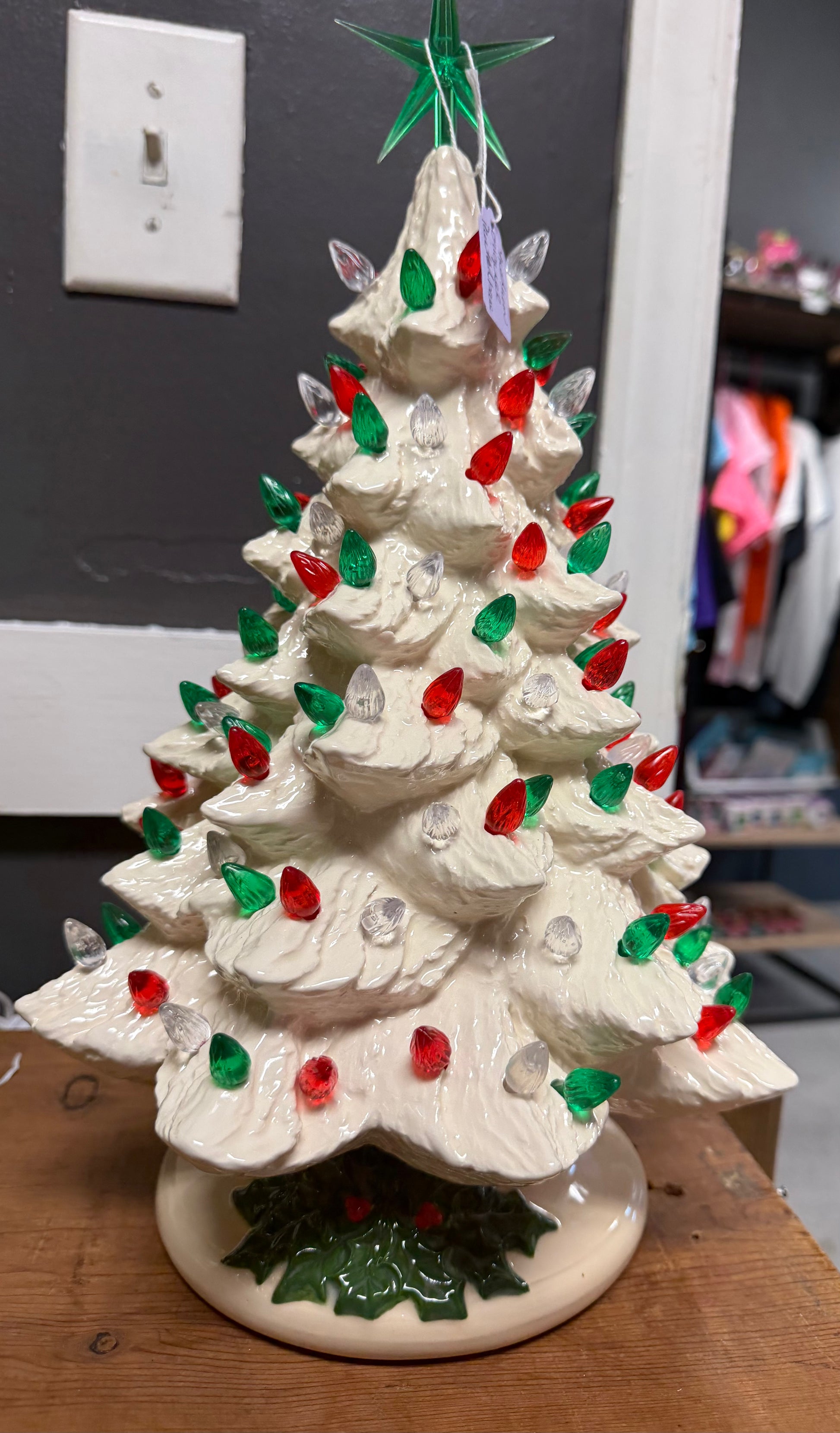 Handmade, hand-painted medium original ceramic christmas tree - white/painted base ceramic decoration — product image 1 of 3