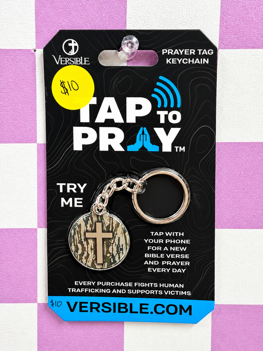 Tap To Pray® Acrylic Keychain – Tree Bark Camo + Cross