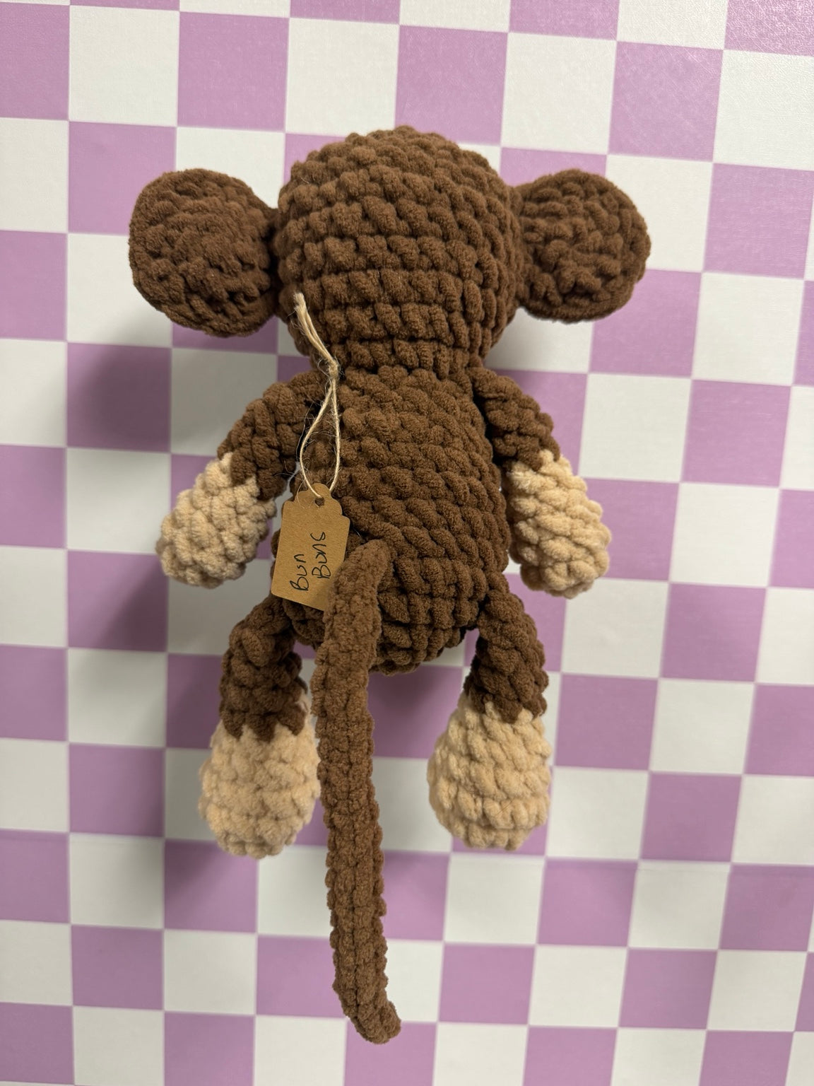 Back view of Pogo the Monkey handmade crochet plush by Crochet by MyissaG